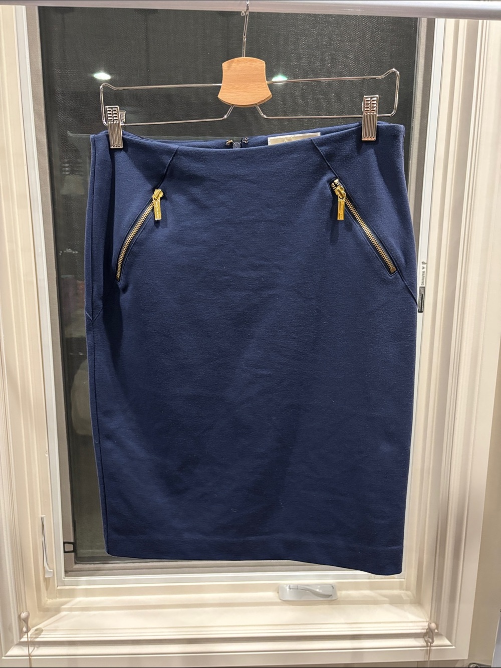 Michael Kors Navy Pencil Skirt with Gold Zipper Accents